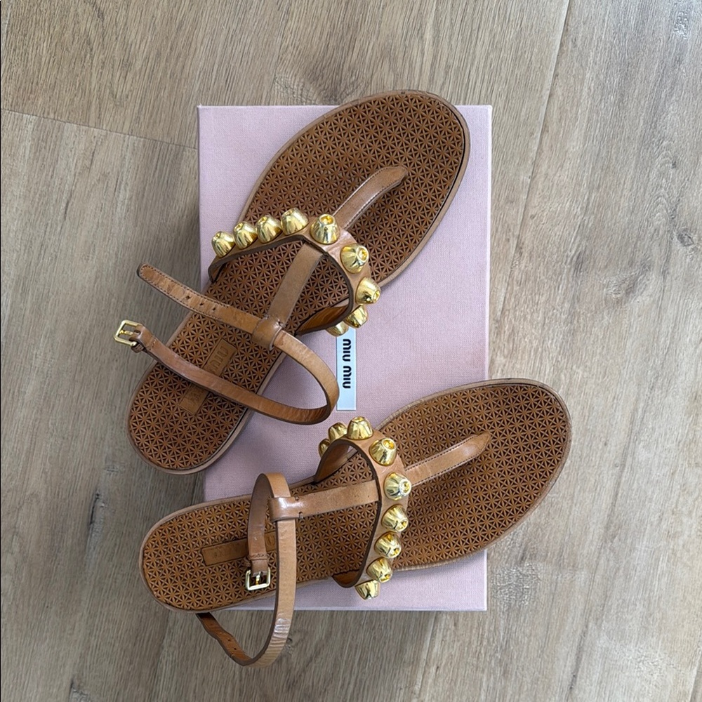Miu Miu Tan Sandals with Gold Accents